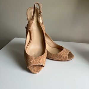 Cole Haan Tan Cork Peep-Toe Heels with box, shoe bags & replacement heel caps